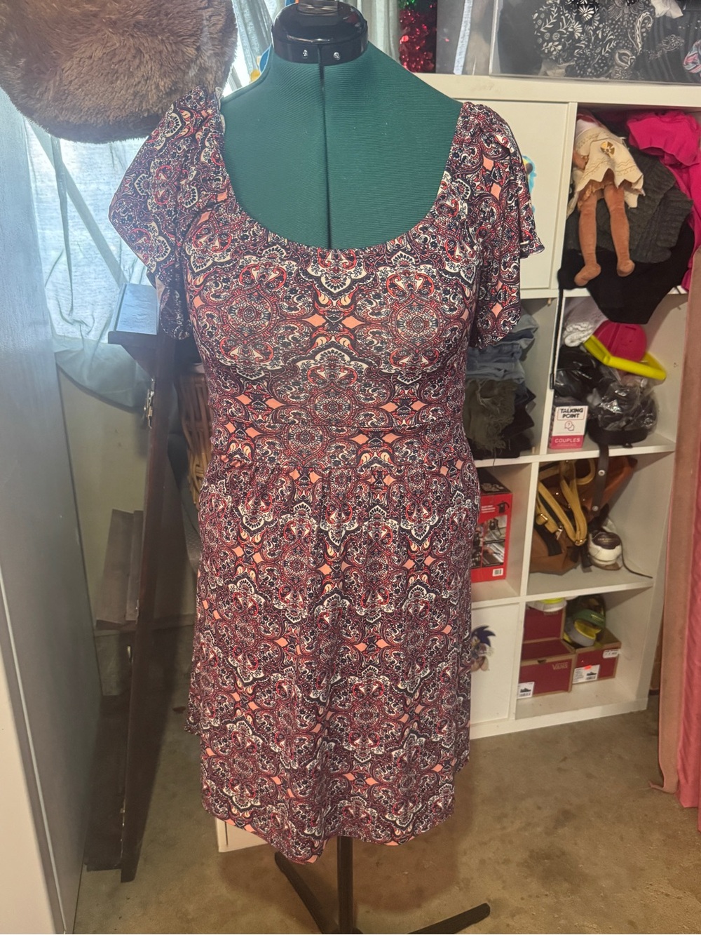 Veronica M Coral and Navy Paisley Scoop-Neck Mini Dress